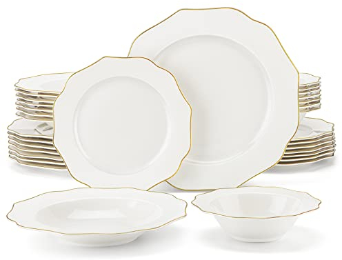 MALACASA Serie LOTUS - Servizio da Tavola in Porcellana per 8 Persone, 32 Pezzi con 8 Piatti Piani, 8 Piatti Fondi, 8 Piatti da Dessert, 8 Ciotole per Cereali, Colore: Bianco con Bordi Dorati