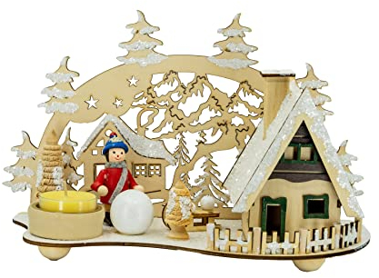 Kaladia - Rauchhaus/Räucherhütte aus Holz - für Räucherkerzen Größe M - mit integriertem Teelichthalter - Motiv: Winterkind mit Schneekugel - Maße: 23 x 13 x 17 cm