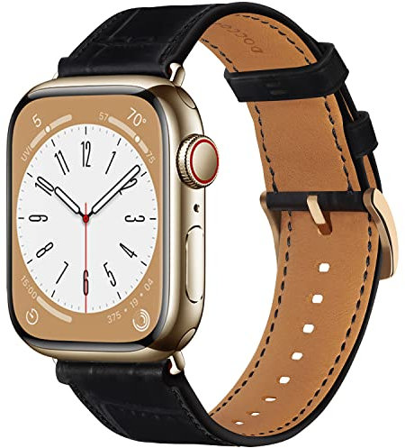 Docco Jette Correa de cuero compatible con Apple Watch Band 49mm,45mm,44mm,42mm(Negro-Dorado)