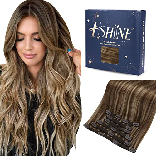 Fshine Clip in Hair Extension 7pcs 120g Medio Marrone e Caramello Biondo Highlights 40cm Balayage Extension Capelli Veri Clip Remy Umani Professionali Capelli per Donne Real Human Hair