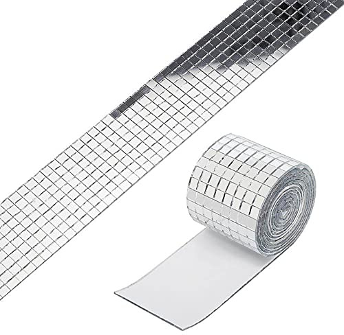 3PCS Self Adhesive Glass Mirror Mosaic Tiles Small Square Mirror Tiles Sticker,4x100cm Mirror Tiles Sticker for DIY Craft Decoration, Disco Ball Mirror Tiles for Party (Silver)