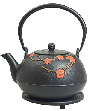 Frieling Hama Cast Iron Teapot with Stainless Steel Infuser and Trivet - Black/Red, 34 Ounce - Japanese Hand-Painted Tea Kettle - Cast Iron Kettle