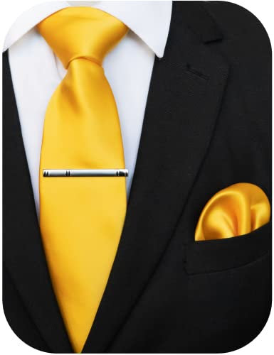 JEMYGINS Ensemble Cravate Homme en Satin Multicolore avec Pinces à Cravate et Carré de Poche Assortis Jaune vif 2