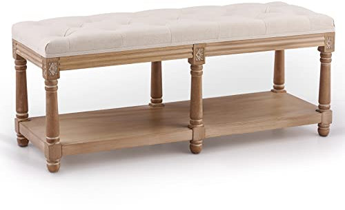 VONLUCE Ottoman Storage Bench, 115cm French Vintage Entryway Bench Shoe with Shelf Cushion and Wood Frame, Tufted Upholstered for Bedroom End of Bed Living Dining Room, Beige