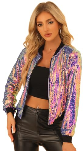 Allegra K Damen Glitzer Jacke Bomberjacke Pailletten Bomber Jacke Langarm Party Club Metallic Sequin Jacken Weiß Lila S