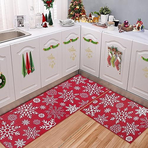 CAROMIO Küchenteppiche rutschfest Weihnachtsdekorationen für Esszimmer Teppiche Flur Läufer Küchenmatten 2 Stück 40x60+40x120 cm Bodenmatte Gummi Rückseite Schnee Druck