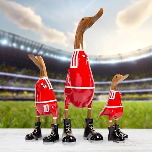 DomDeco Handgefertigte Deko-Figur aus Holz Ente Fussballer, rot L