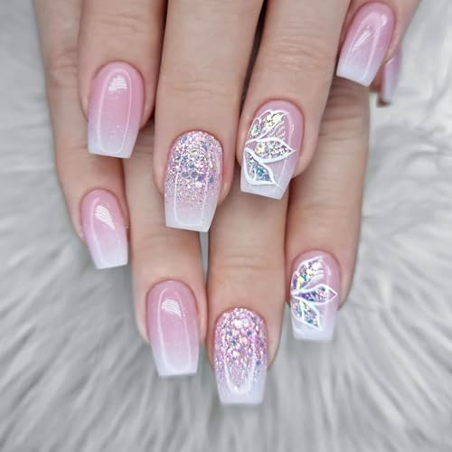 24 Pièces Faux Ongles Court Carrés French Rose Brilliant Ongles à Coller Naturel Acrylique Couverture Complète Press on Nails Ballerine Faux Ongles Autocollants Reutilisable pour Femmes et Filles