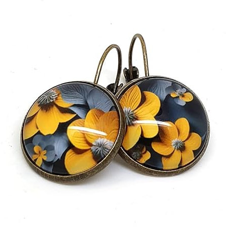 Boucles d'Oreilles Dormeuses cabochon verre fleurs en relief - jaune et gris - Fleurs de Lin