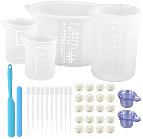 Juego de vasos mezcladores de resina epoxi, vasos de silicona de 600 y 250 ml, 2 vasos medidores de silicona de 100 ml, varillas de silicona, espátula de silicona, pipetas, vasos dosificadores, vasos