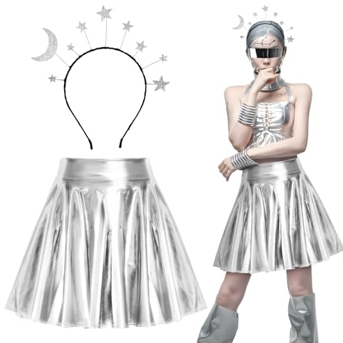 BOFUNX Metallischer Faltenrock glänzend Kurz Rock + Sterne Mond Haarreif für Karneval Mottoparty Space Girl Alien Kostüm Zubehör