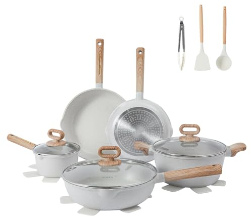 KOLEX Ensemble de casseroles et poêles antiadhésives en granit beige pour induction, 14 pièces avec poêles à frire et casseroles (sans PFOS, PFOA)