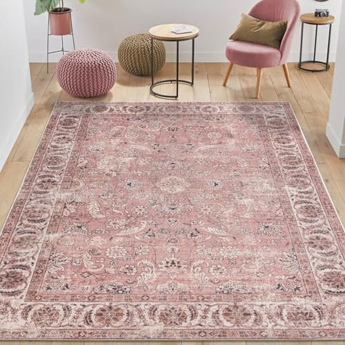 TALETA Tapis vintage rose lavable antidérapant - Motif floral doux à poils courts pour salon, chambre à coucher - Rose rétro - Grand : 120 x 170 cm
