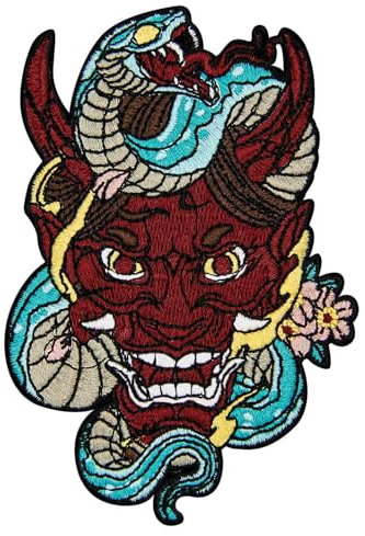 Aufnäher, bestickt, Design: Die General Hannya Maske mit Schlange, zum Aufbügeln oder Aufnähen