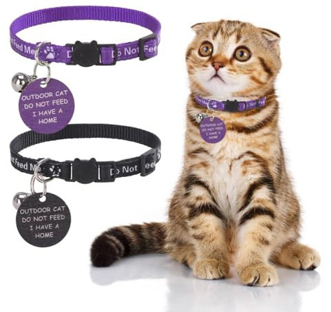 KOOLTAIL Cat Collar with Bell,2 Pack Do Not Feed Cat Collars with Warning Board Hanging Do Not Feed Me,Cute Lightweight Adjustable Breakaway Kitten Collar with Safety Buckle
