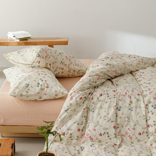 Lanqinglv Bettwäsche 135x200 Baumwolle Weiß Bunt Blumenmuster,Pflanzen Blätter ÖKO-TEX Bettwäsche Set Renforce Bettbezug mit Reißverschluss und 1 Kissenbezug 80x80 cm