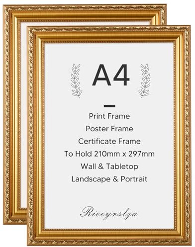 Rieeyrslza A4 Barock Bilderrahmen 2 STK Vintage Fotorahmen 21x29,7cm Bilderrahmen Wand- & Tischrahmen Dekorative Fotorahmen mit Halterung, Geeignet für Vintage-Dekorationen (Gold 2Stk)