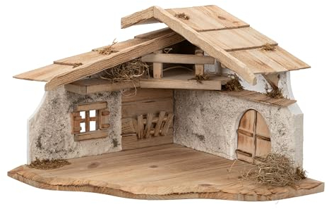 Bonetti Große Weihnachtskrippe | aus Holz und Gips gefertigt | mit Moos, Steinen und Stroh geschmückt | sehr detailreiche Krippe (ca. 38,5 x 38,5 x 29 cm (BxTxH))