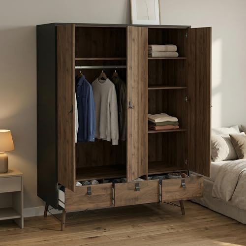Dmora - Kleiderschrank 3 Türen Augustine, Schlafzimmermöbel, Schrank, Garderobe, 150x60 h200 cm, Schwarz und Walnuss