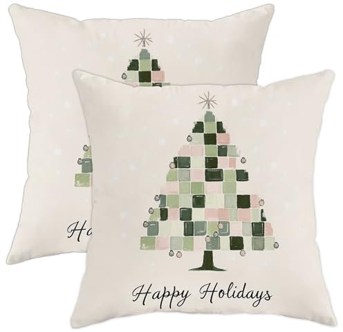 Happy Holidays Federa per cuscino con albero di Natale, motivo scozzese verde, decorazione invernale per casa, divano, camera da letto, soggiorno, 45,7 x 45,7 cm