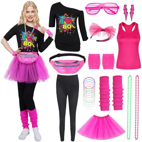 Mrsclaus 80er Jahre Outfit Damen, 90er Faschingkostüm Damen, Aerobic Outfit für Karneval Fastnacht Mottoparty, Tshirt Leggings, Rosa Tank Top, Tüllrock Bauchtasche Beinlinge Netzhandschuhe 066S