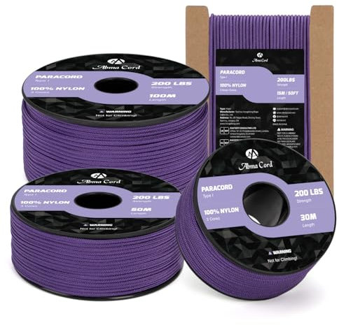 Abma Cord 2mm Paracord 30m Nylon Rope 3 Strands Type I Cord for DIY, Camping, Outdoor - Max. 90kg (200lbs) - Purple