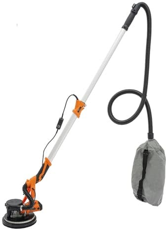 Levigatrice per cartongesso, 750 W, manico pieghevole allungabile a 90°, smerigliatrice da parete con luce LED e 6 carta vetrata, 900-1800 RPM, levigatrice da soffitto per muro a secco (arancione)