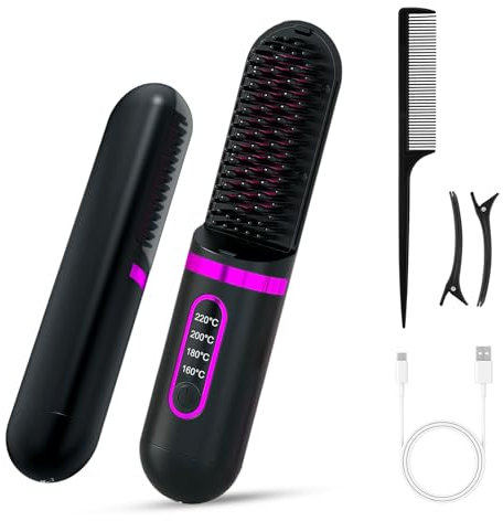 Negative Ionen Haarglätter Bürste, Glättbürste Kabellos, Tragbare Glätteisen für Reise,20s Schnelle Erwärmung Haarbürste für Frauen,Anti-Verbrühung, Schwarz