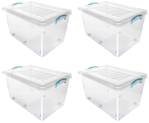 JVL Plastic Clip Lidded Storage Box with Wheels, Stackable and Nestable, Clear, Set of 4, 50L