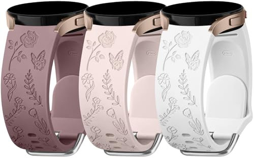 Wanme 3 Pièces Fleur Gravée Bracelet pour Samsung Galaxy Watch 7/4/6/5 40mm 44mm, Colorée Floraux Bracelet pour Samsung Galaxy Watch 6/4 Classic 43mm 47mm 42mm 46mm, Violet fumé+Rose+Blanc