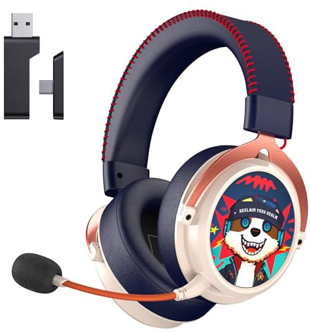 Cuffie Gaming, Cuffie Gaming Wireless per PS5/PC/Switch, Trasmettitore Type-C & Type-A, Cuffie Gaming PS5 con Microfono a Cancellazione del Rumore, Bluetooth 5.3, Stereo, Autonomia 70H+ - Bianco