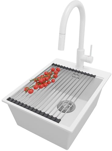 PRIMAGRAN Granitspüle ab 40er Unterschrank + Küchenarmatur, 38x50cm | Set: Küchenarmatur BW9010 + Ablauf-Set + Abtropfmatte + Spülbecken 1 Becken - Oslo Top, Weiß