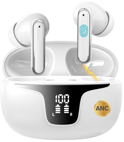 Wireless Earbuds, Bluetooth 5.3 Headphones, Active Noise Cancelling (ANC) Earphones, 4 Noise Cancelling Mics, ANC+ENC, HiFi Stereo Sound, LED Power Display, 40H Playtime, TWS Earbuds, UK (White)
