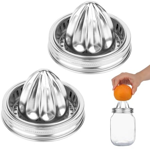 BOXOB 2pcs Mason Jar Juicer Lids for 3.38 Inch Wide Mouth Mason Jar, Stainless Steel Screw Top Lemon Juice Squeezer Lifestyle Manual Hand Juicer Accessories for Citrus Orange Lime