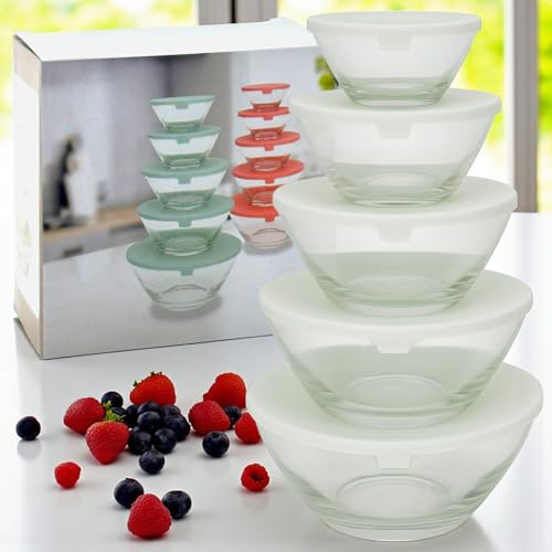 MIJOMA Glas Schüssel Set mit Deckel – 5-teiliges Vorratsdosen-Set stapelbar, BPA-frei, Aufbewahrungsboxen Küche, Mikrowellengeeignet, Frischhaltedosen Glas (Cremeweiß)