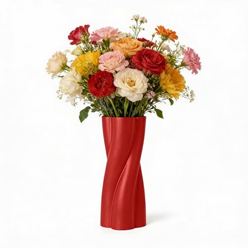 Vase élégant en spirale - Vase décoratif minimaliste d'intérieur - Pots déco pour l'herbe de la Pampa, pots de fleurs, décoration de maison, bureau, objets de design pour bureau (rouge)