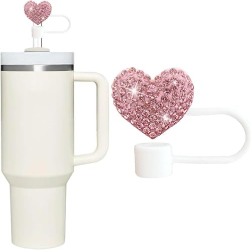 Pink Bling Hearts Straw Covers Cap for Stanley Cup, Bling Diamond Rhinestone, 10mm Silicone Toppers, Straw Topper Compatible for 30&40 Oz Tumbler with Handle, Reusable Straws