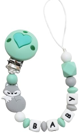 Fuchs Silikon Schnullerkette mit Wunschname – Fuchs Motiv – Personalisierter Schnullerhalter – BPA-frei & Handgemacht – Perfektes Babygeschenk zur Geburt oder Babyshower Grün Grau