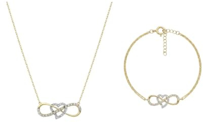 Suzan Gold® 375 Echtgold Schmuckset Damen Halskette Armband Unendlich Herz Zirkonia elegant wasserfest nickelfrei Geschenk Set Crucelle Infinity Heart hochwertig