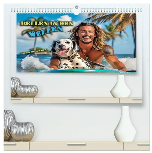 Bellen in den Wellen - Badespaß mit Hund (hochwertiger Premium Wandkalender 2026 DIN A2 quer), Kunstdruck in Hochglanz: Fröhliche Bilder von einem tollen Tag mit Hunden am Strand (CALVENDO Spass)