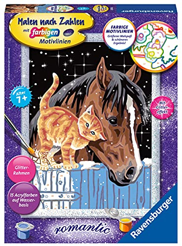 Ravensburger CreArt 28556 - Fohlen mit Kätzchen - Malen nach Zahlen für Kinder ab 7 Jahre, Malset mit Rahmen, Pinsel und Acrylfarben, Geschenk für Mädchen und Jungen, mit Glitzer