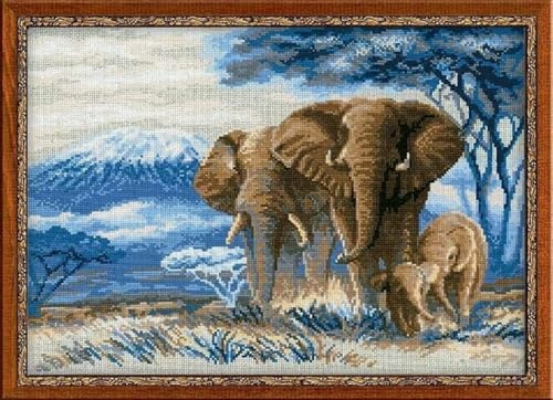 RIOLIS 1144 Elefanti nella Savana Kit Punto Croce Contato 40 x 30 cm | Aida Zweigart 14 ct lino, 20 colori lana/acrilico, per Livello Intermedio, schema e ago inclusi, kit da ricamo idea regalo