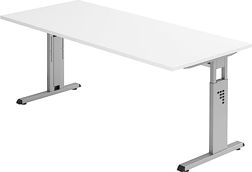 Bümö höhenverstellbarer Schreibtisch O-Serie 180x80 cm in weiß, Gestell in Silber - großer PC Tisch für's Büro manuell höhenverstellbar, Computertisch verstellbar
