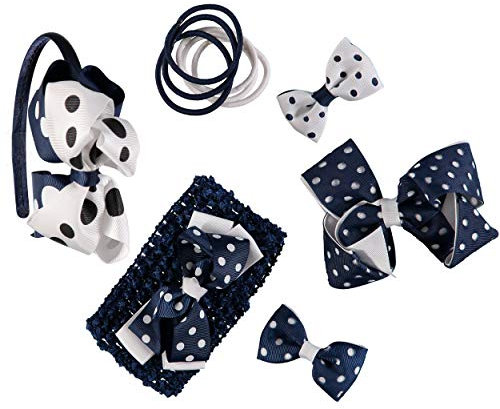 French Toast Kid's School Uniform Polka Dot Headbands and Ponytail Holders, 4-pack, Navy Blue & White, One Size