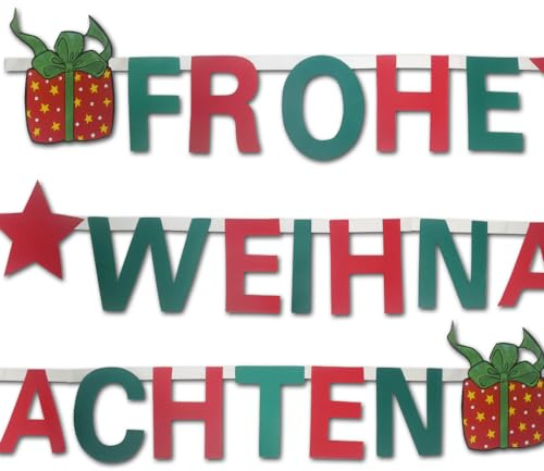 ORDENO Weihnachtsdeko Girlanden Frohe Weihnachten - 2 Stück - 2,8 m Langer Schriftzug aus schwer entflammbarem Karton mit grünen & roten Buchstaben, Stern Motiven, für Innenräume
