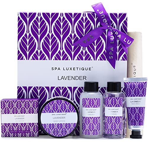 Spa Luxetique Set spa alla lavanda, regalo da donna, kit rilassante per la casa e spa, include lozione per il corpo, gel doccia, bagnoschiuma, crema per le mani, regalo di compleanno per donne, regalo