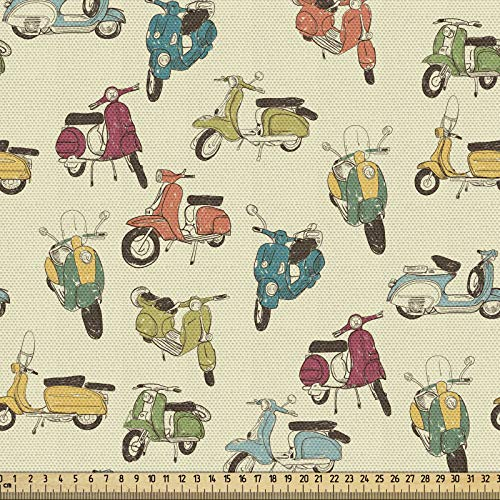 ABAKUHAUS Motorrad Gewebe als Meterware, Retro Roller-Skizzen, Schön Gewebten Stoff für Polster und Wohnaccessoires, 1M (148x100cm), Eischale und Mehrfarbig