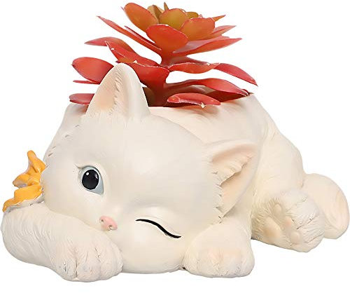 DIYOMR Maceta con forma de gato, macetas de resina, macetas de dibujos animados, estatua de gato, macetas de cactus para interiores y exteriores, decoración del hogar, jardín, 8.5 x 5.7 x 5.5 pulgadas