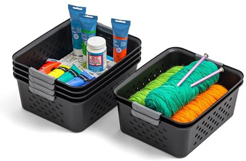 IRIS OSB-M Aufbewahrungskörbe aus Kunststoff – Regalkorb/Speisekammer Haushalts-Organizer mit Griffen für Küche, Arbeitsplatten, Schränke, Schlafzimmer und Badezimmer, Schwarz, Medium, 6