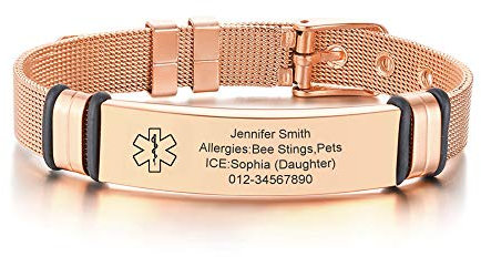 PJ JEWELLERY Customised Rose Gold Stainless Steel Watchband Medical Identification Emergency SOS Bracelet For Women's,Free Engraved Mesh Wire Belt Buckle Medical ID Bracelets,Adjustable